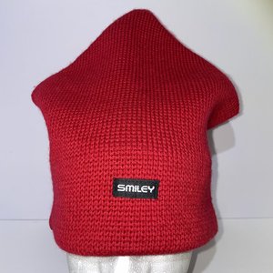 Smiley Red Wool Knit Vintage Toboggan Beanie Made in USA