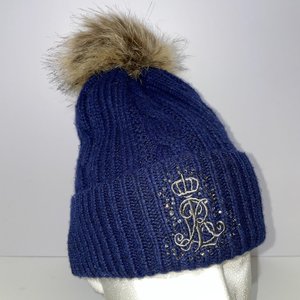 Ralph Lauren Blue Rhinestone Cable Knit Pom-Pom Beanie