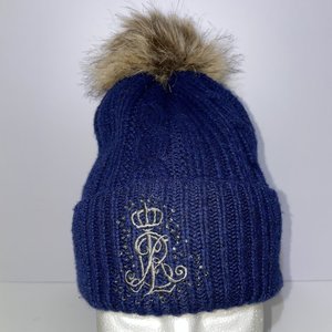 Ralph Lauren Blue Rhinestone Cable Knit Pom-Pom Beanie