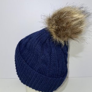 Ralph Lauren Blue Rhinestone Cable Knit Pom-Pom Beanie