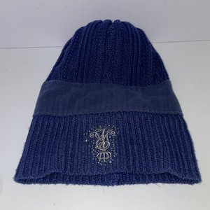 Ralph Lauren Blue Rhinestone Cable Knit Pom-Pom Beanie