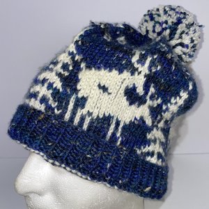 Reindeer Sex Mount Homemade Wool Knitted Blue Pom Pom Beanie
