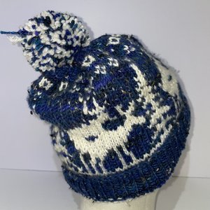 Reindeer Sex Mount Homemade Wool Knitted Blue Pom Pom Beanie