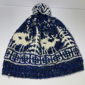 Reindeer Sex Mount Homemade Wool Knitted Blue Pom Pom Beanie