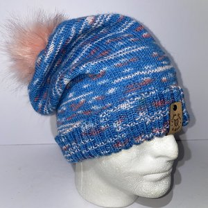 Crafted with Care Blue & Pink Pom-Pom Wool Yarn Beanie
