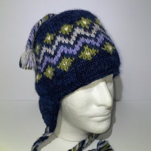 Fair Isle Tasseled Blue Wool Knit Ski Cap Made in Nepal