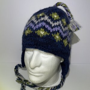 Fair Isle Tasseled Blue Wool Knit Ski Cap Made in Nepal