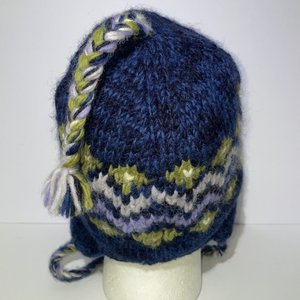 Fair Isle Tasseled Blue Wool Knit Ski Cap Made in Nepal