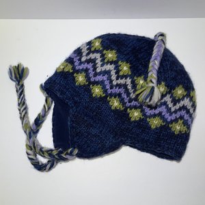 Fair Isle Tasseled Blue Wool Knit Ski Cap Made in Nepal