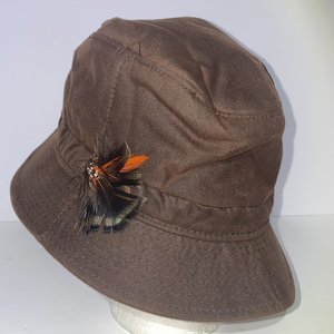 Hats of Ireland Castlebar Brown Waxed Cotton Feathered Bucket Hat Size 58