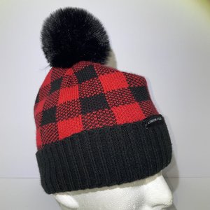 London Fog Red Buffalo Check Fleece Lined Pom-Pom Beanie