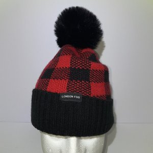 London Fog Red Buffalo Check Fleece Lined Pom-Pom Beanie