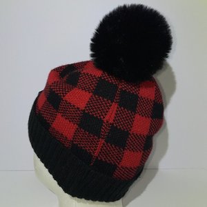 London Fog Red Buffalo Check Fleece Lined Pom-Pom Beanie