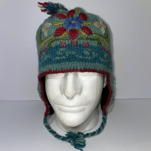 Lost Horizons Flowers Wool Nepal Knitted Tasseled Ear Flap Ski Cap Green
