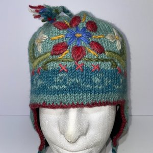 Lost Horizons Flowers Wool Nepal Knitted Tasseled Ear Flap Ski Cap Green