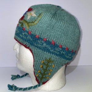 Lost Horizons Flowers Wool Nepal Knitted Tasseled Ear Flap Ski Cap Green