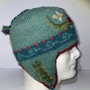 Lost Horizons Flowers Wool Nepal Knitted Tasseled Ear Flap Ski Cap Green