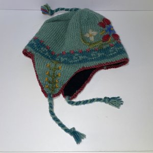Lost Horizons Flowers Wool Nepal Knitted Tasseled Ear Flap Ski Cap Green