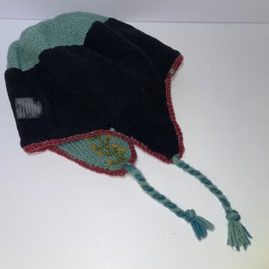 Lost Horizons Flowers Wool Nepal Knitted Tasseled Ear Flap Ski Cap Green