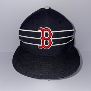 Vintage Striped Boston Red Sox New Era 59Fifity Blue Baseball Hat, White Stripes...