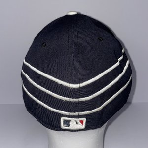 Vintage Striped Boston Red Sox New Era 59Fifity Blue Baseball Hat, White Stripes...