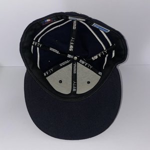 Vintage Striped Boston Red Sox New Era 59Fifity Blue Baseball Hat, White Stripes...