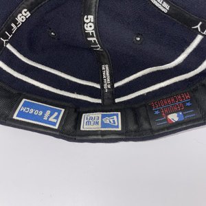 Vintage Striped Boston Red Sox New Era 59Fifity Blue Baseball Hat, White Stripes...