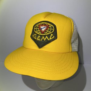 Vintage Downers Inc GEMC Trucker Hat Yellow Sword in Shield on Globe