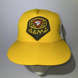 Vintage Downers Inc GEMC Trucker Hat Yellow Sword in Shield on Globe
