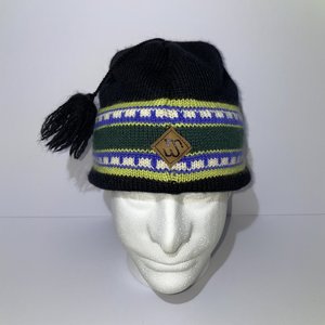 Merkley Black Striped Tasseled Virgin Wool Beanie Made in Canada