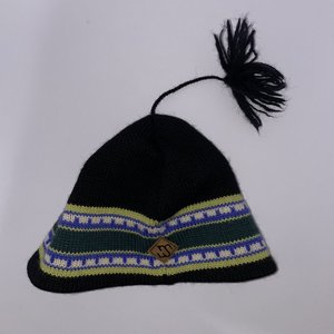 Merkley Black Striped Tasseled Virgin Wool Beanie Made in Canada