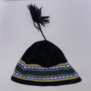 Merkley Black Striped Tasseled Virgin Wool Beanie Made in Canada