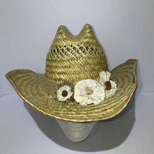 Dorfman Pacific Palm Leaf Cowboy Hat Size L w Flowers