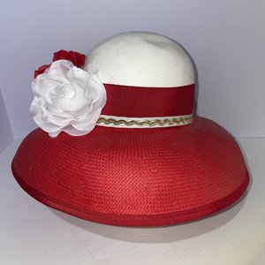 Miss Bierner Red Flowered Two Tone Vintage Sun Hat Size S Made in USA