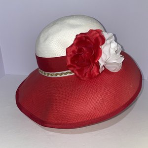 Miss Bierner Red Flowered Two Tone Vintage Sun Hat Size S Made in USA