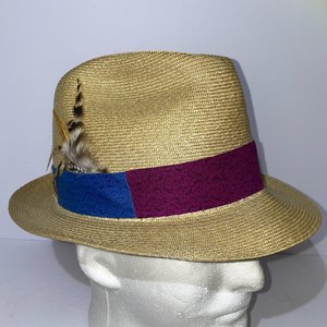 Stetson Straw Feathered Vintage Fedora Size 7 1/8 Long Oval