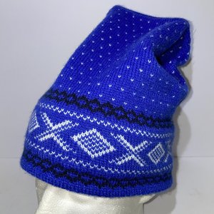 Maureen of the Mews Blue Wool Vintage Snowflake Toboggan Beanie