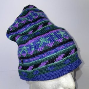Smiley Fair Isle Purple & Blue Vintage Wool Knit Beanie USA