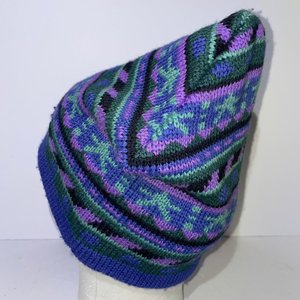 Smiley Fair Isle Purple & Blue Vintage Wool Knit Beanie USA