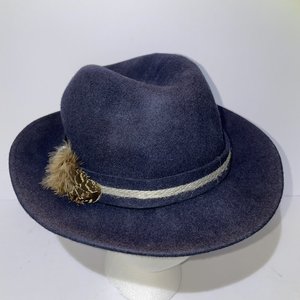 Miralles Headwear Navy Blue Wool Feathered Fedora Size 6 7/8 Made in Spain
