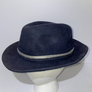 Miralles Headwear Navy Blue Wool Feathered Fedora Size 6 7/8 Made in Spain